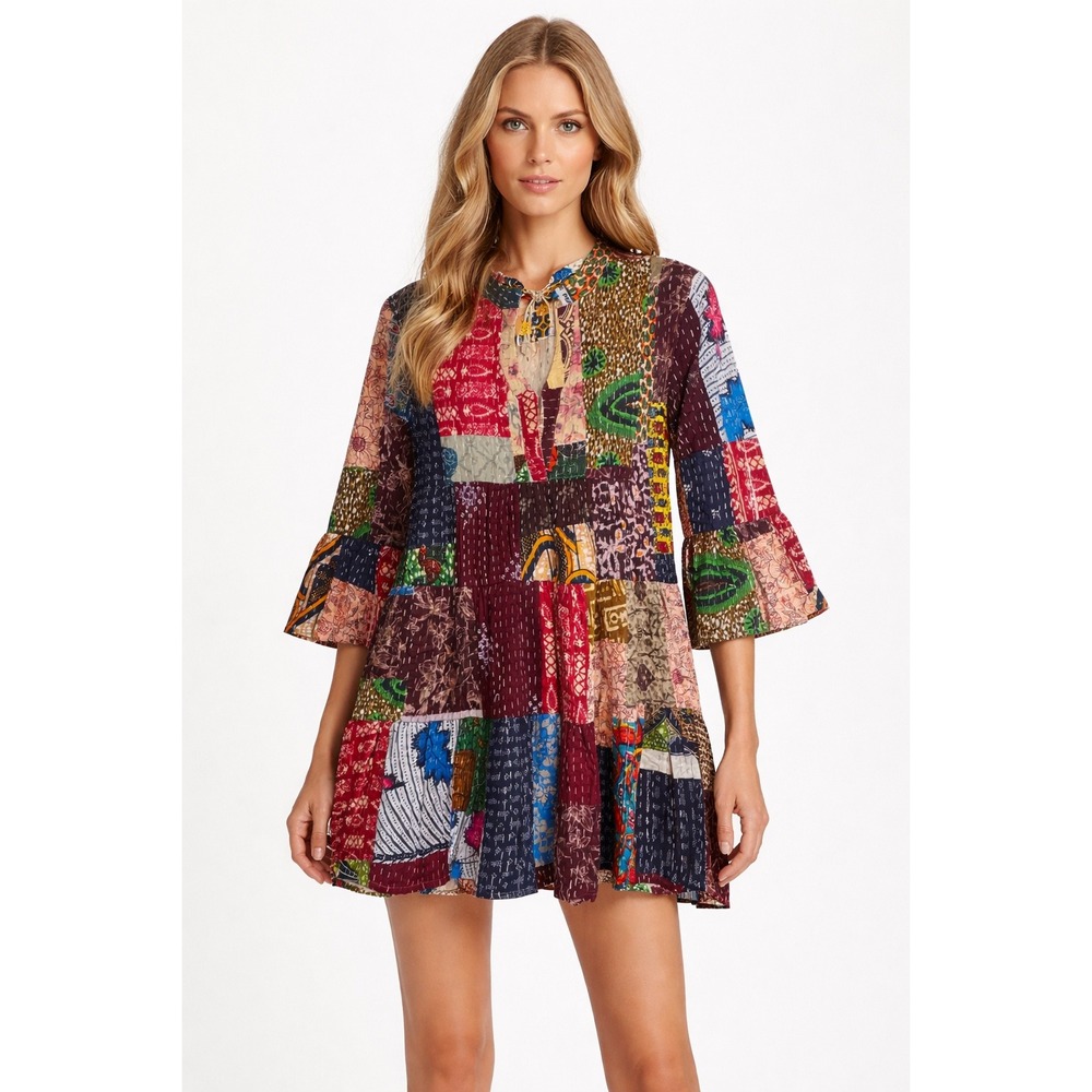 Raj Patchwork Kantha Stitch Bell Sleeve‎ Tiered Mini Dress XL